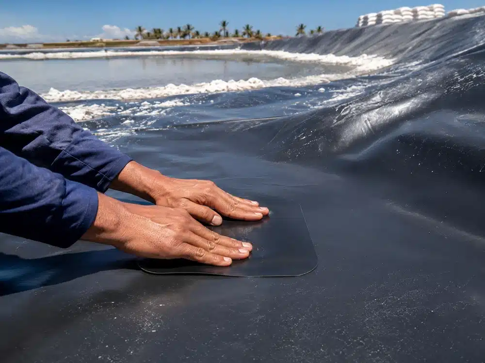 Geomembrane tambak garam yang bocor Geomembrane tambak garam yang bocor